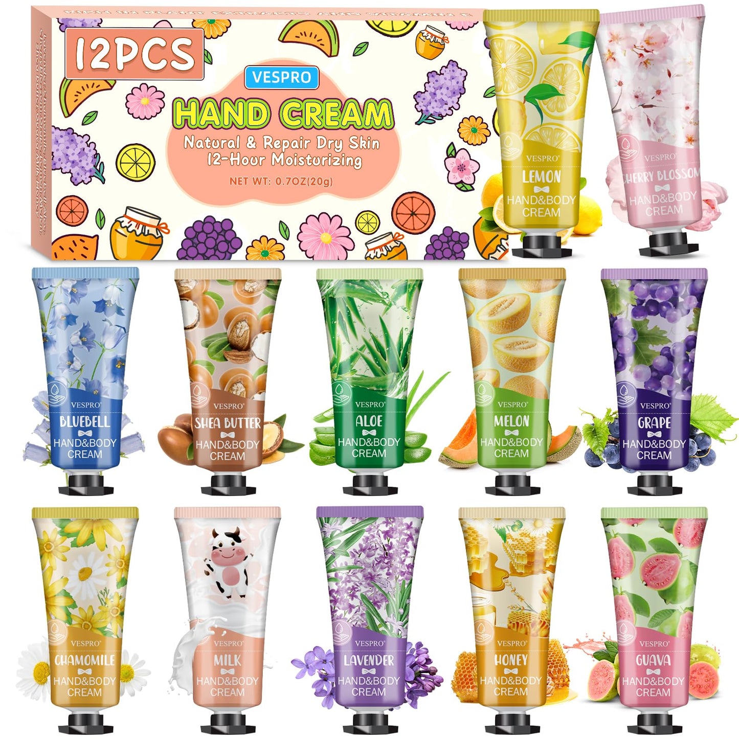 VESPRO 12 Pack Hand Cream Gift Set, Mothers Day Gifts, Bulk Hand Lotion Travel Size for Dry Cracked Hands, Mini Moisturizing Hand Lotion for Party Favors, Teacher Gifts and Nurse Gifts