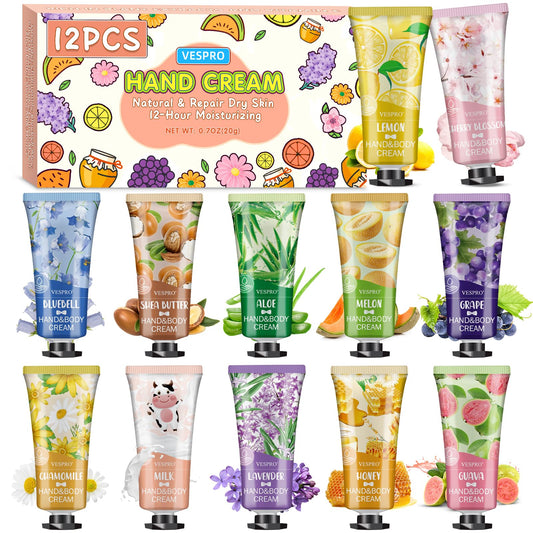 VESPRO 12 Pack Hand Cream Gift Set, Mothers Day Gifts, Bulk Hand Lotion Travel Size for Dry Cracked Hands, Mini Moisturizing Hand Lotion for Party Favors, Teacher Gifts and Nurse Gifts