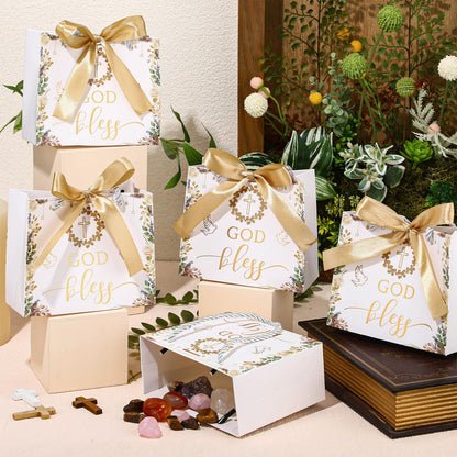 Kolldenn 25 Pack Baptism Gift Bags for Guests Gold God Bless Paper Gift Bags with Handles and Bow Ribbon for Baptism Guests Theme Party Favors Christenings Easter