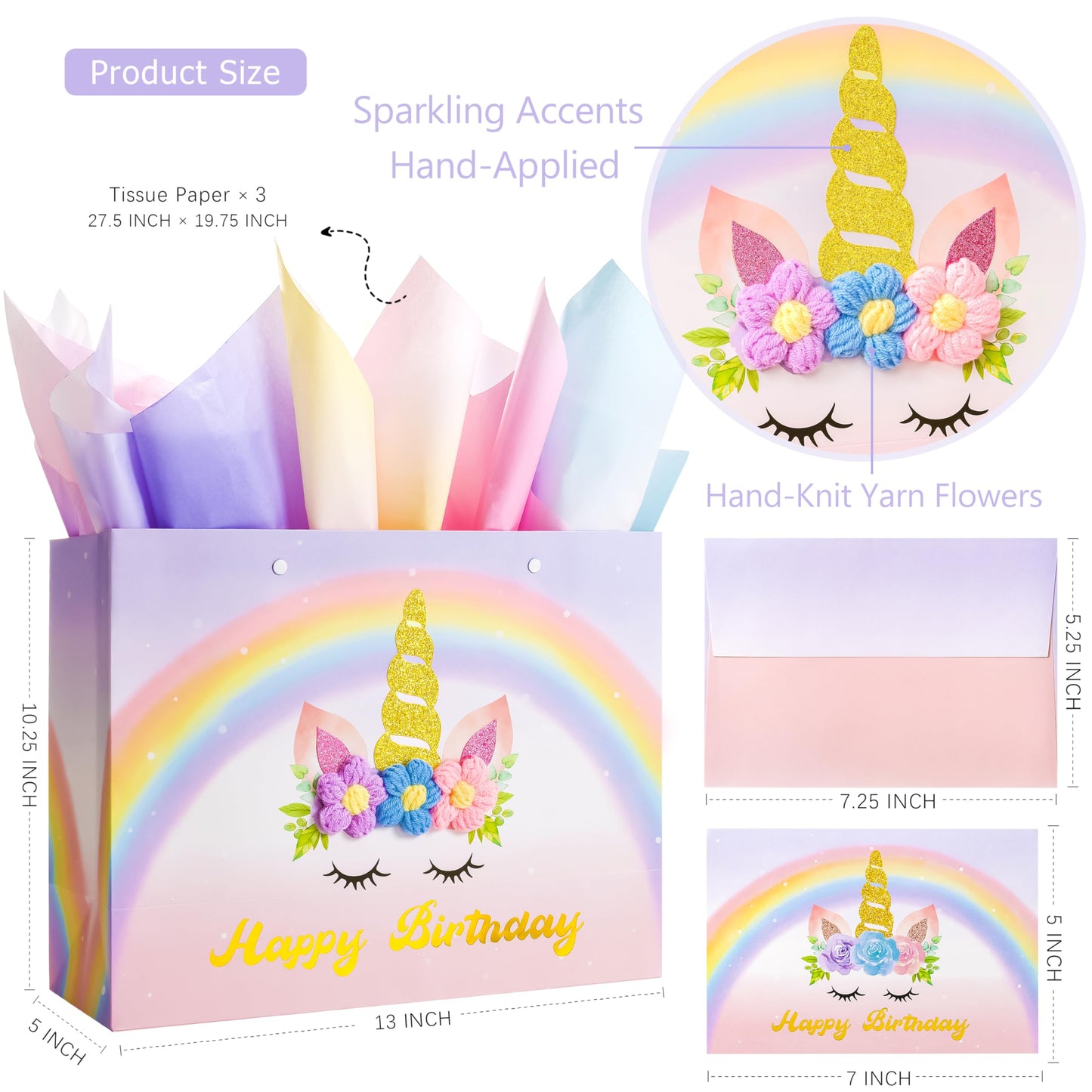 Crisky Unicorn Birthday Bags for Girls with Card & Tissue Paper, Birthday Gift Bags for Kids Baby Daughter Bday Party Decorations Gift Ideas