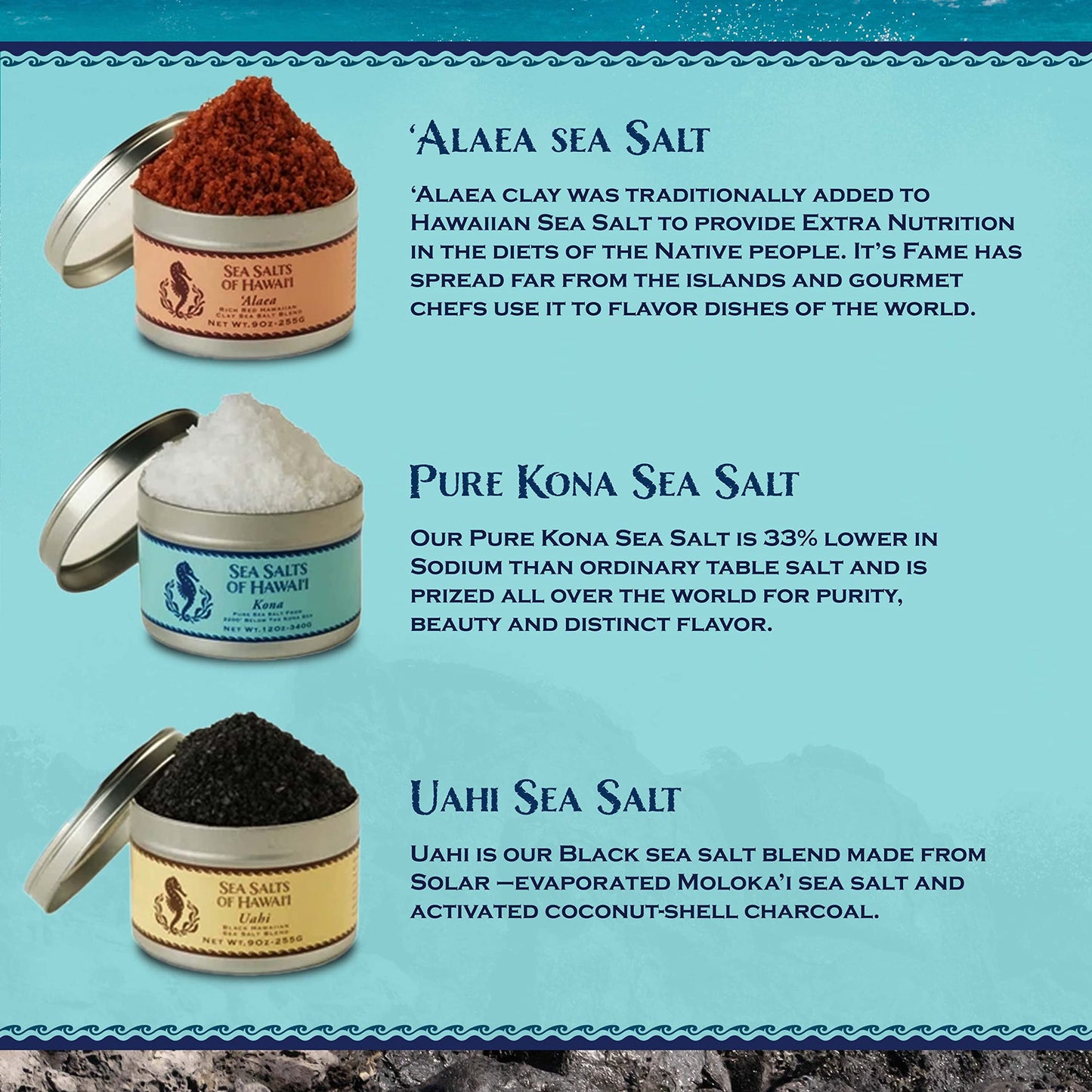 Three Tin Gift Box of Hawaiian Sea Salts, Alaea Red, Kona White and Uahi Black Salts
