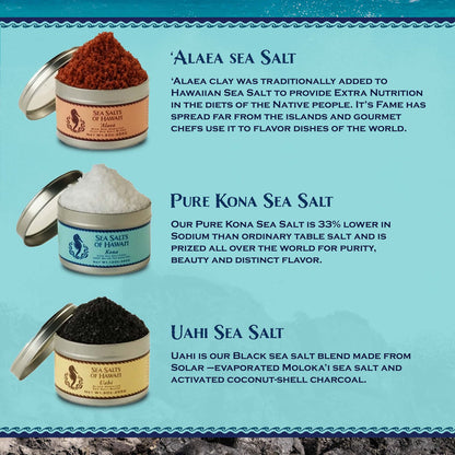 Three Tin Gift Box of Hawaiian Sea Salts, Alaea Red, Kona White and Uahi Black Salts