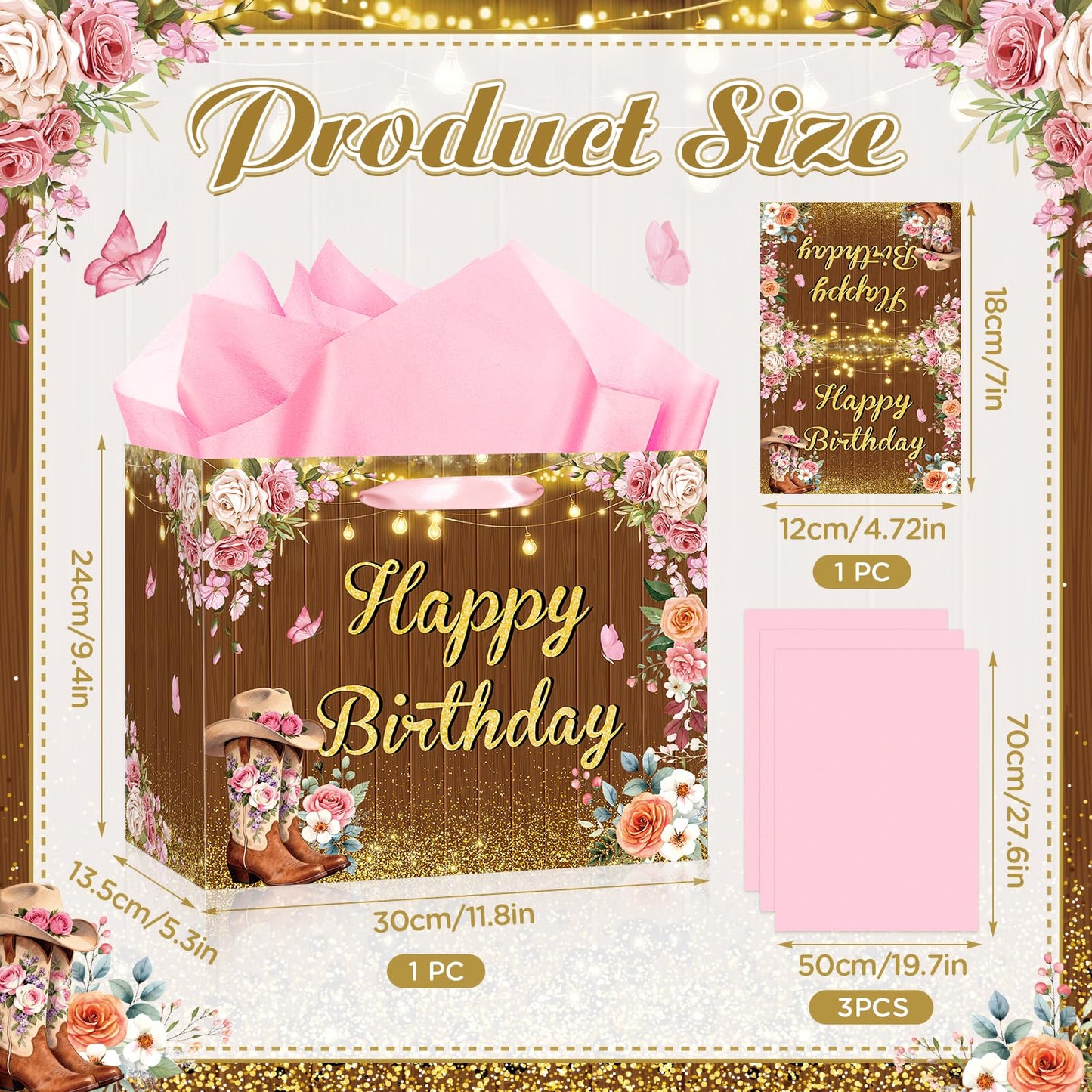 LUUFILx Cowgirl Birthday Gift Bag with Tissue Paper and Greeting Card Rustic Western Floral Gift Bag with Pink Roses & Cowgirl Boots Large Wood Design Paper Wrap Bag for Women Girls Party Supplies