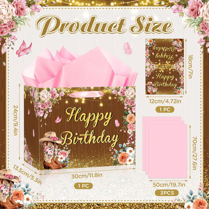LUUFILx Cowgirl Birthday Gift Bag with Tissue Paper and Greeting Card Rustic Western Floral Gift Bag with Pink Roses & Cowgirl Boots Large Wood Design Paper Wrap Bag for Women Girls Party Supplies