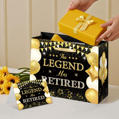 HSKMAKE Black Gold Retirement Gift Bag The Legend Has Retired Large Gift Bag with Greeting Card Gold Tissue Paper for Women Men Coworker Farewell Going Away Party Favors Decorations Supplies