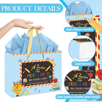 HSKMAKE Teacher Appreciation Gift Bags Blue Thank You Teacher Gift Set With Greeting Card, Envelope & Tissue Large Paper Bag for Educators, Graduation, Retirement Supplies
