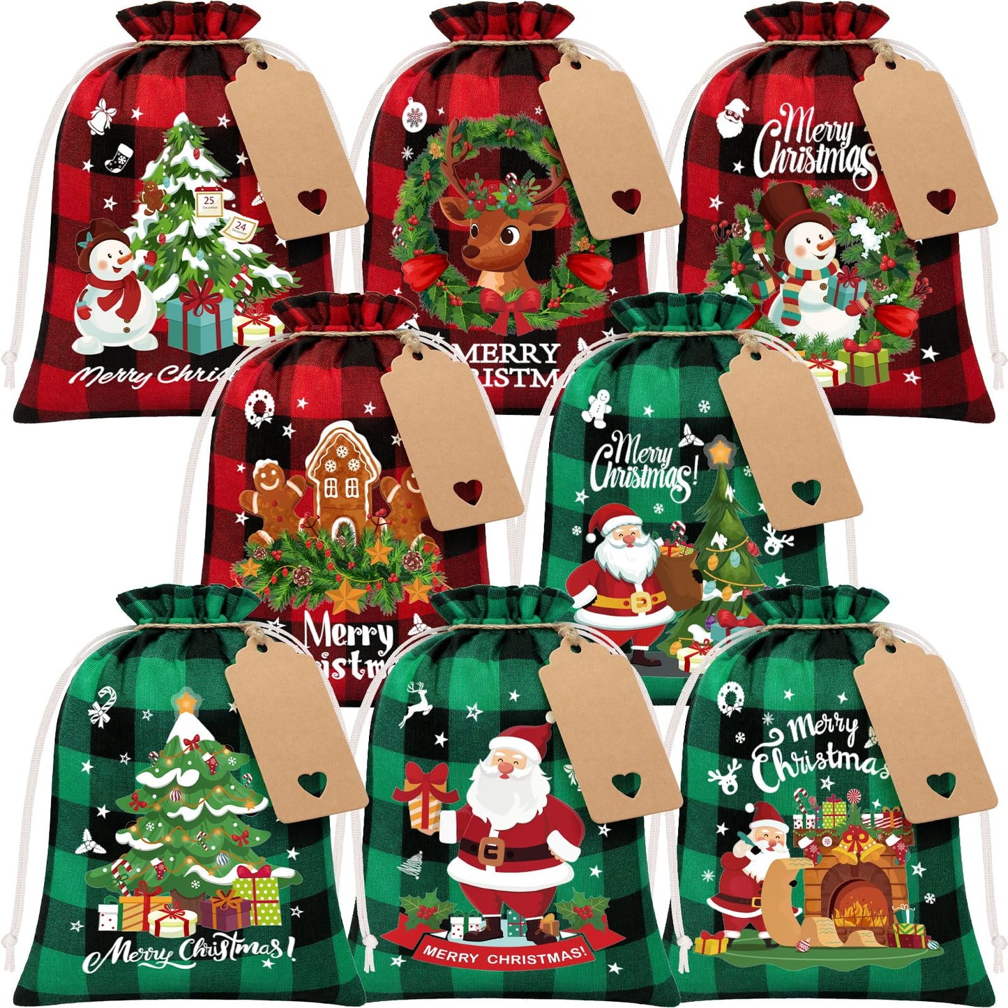 FLOE 24Pcs Burlap Christmas Drawstring Bags, 6x8in Buffalo Plaid Xmas Gift Bags w/Tag Xmas Candy Bag Small Christmas Linen Treat Goody Gift Sacks Reusable Gifts Wrapping Bag Holiday Party Favors Sack