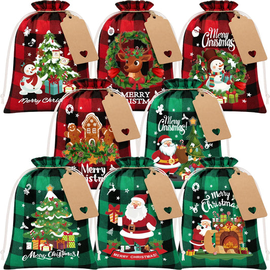 FLOE 24Pcs Burlap Christmas Drawstring Bags, 6x8in Buffalo Plaid Xmas Gift Bags w/Tag Xmas Candy Bag Small Christmas Linen Treat Goody Gift Sacks Reusable Gifts Wrapping Bag Holiday Party Favors Sack