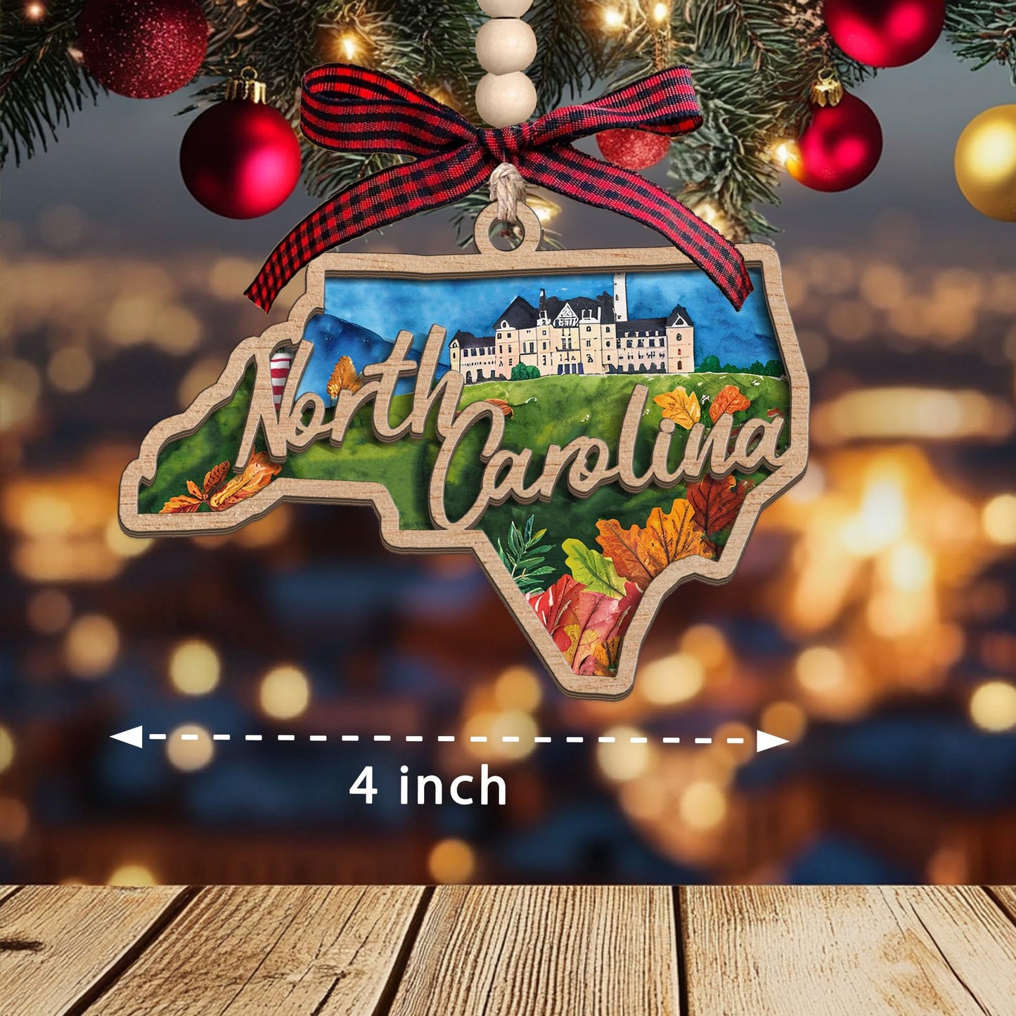 North Carolina State Christmas Wooden Ornament - 2-Layer Laser-Cut Wooden Keepsake - Rustic Holiday Decor & Ideal Travel Gift for Women Men Family & Friends - North Carolina Locals Gift