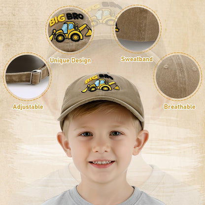 2 Pack Promoted to Big Brother Gifts for Boy Toddler, Includes 1 Big Brother Baseball Hat Toddler with Excavator Design 1 Pair Baby Boy Tractor Socks Light Khaki