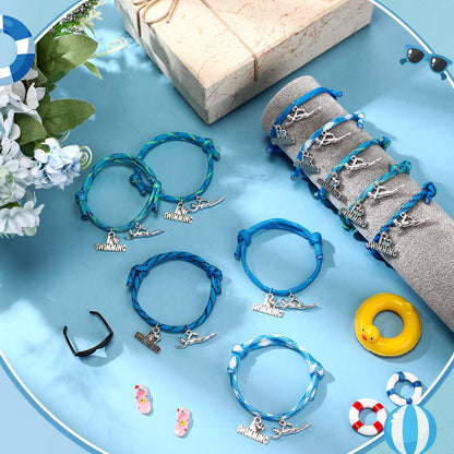 Huquary 30 Pcs Swimming Bracelets Gift Bulk Blue Swim Adjustable Braided Rope Cord with I love Swimming Charm Appreciation Supplies for Swim Team Coach Teen Swimmer Birthday Action Sport Party Favor