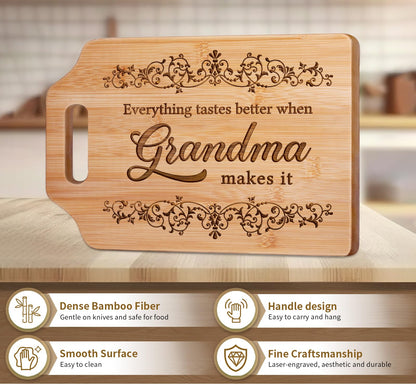 AceThrills Grandma Gifts for Grandma Birthday Gift from Grandkids - Engraved Bamboo Cutting Board 12.3"L x 8.7"W x 0.4"Th (Everything Tastes Better)