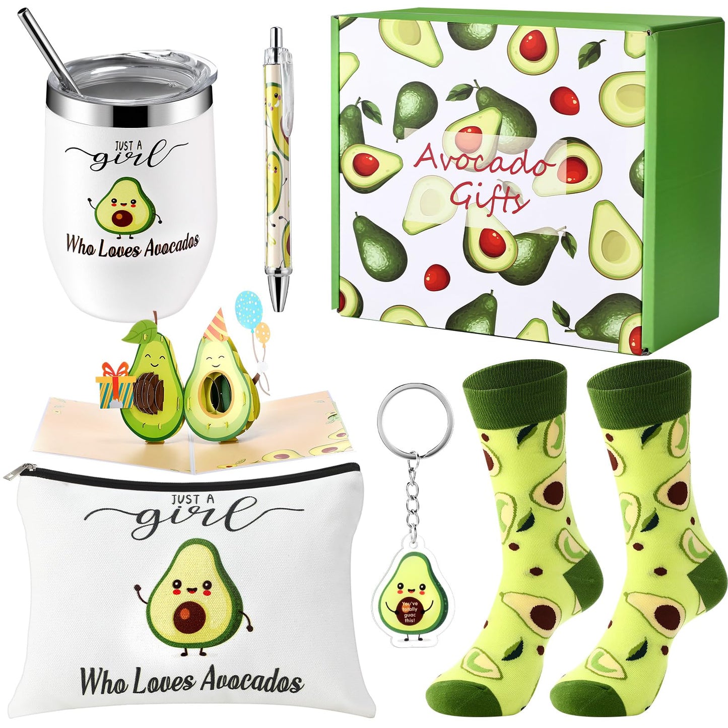 6 Pcs Funny Gift Baskets for Women Girls Pickle Avocado Socks with Vegetable Animals Makeup Bag Insulated Tumbler Keychain Greeting Card Pen for Christmas Birthday Party(Avocados)