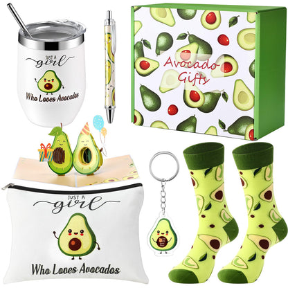 6 Pcs Funny Gift Baskets for Women Girls Pickle Avocado Socks with Vegetable Animals Makeup Bag Insulated Tumbler Keychain Greeting Card Pen for Christmas Birthday Party(Avocados)