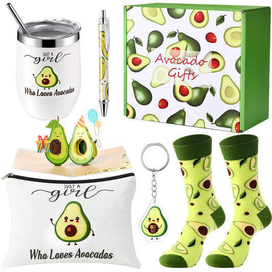 6 Pcs Funny Gift Baskets for Women Girls Pickle Avocado Socks with Vegetable Animals Makeup Bag Insulated Tumbler Keychain Greeting Card Pen for Christmas Birthday Party(Avocados)