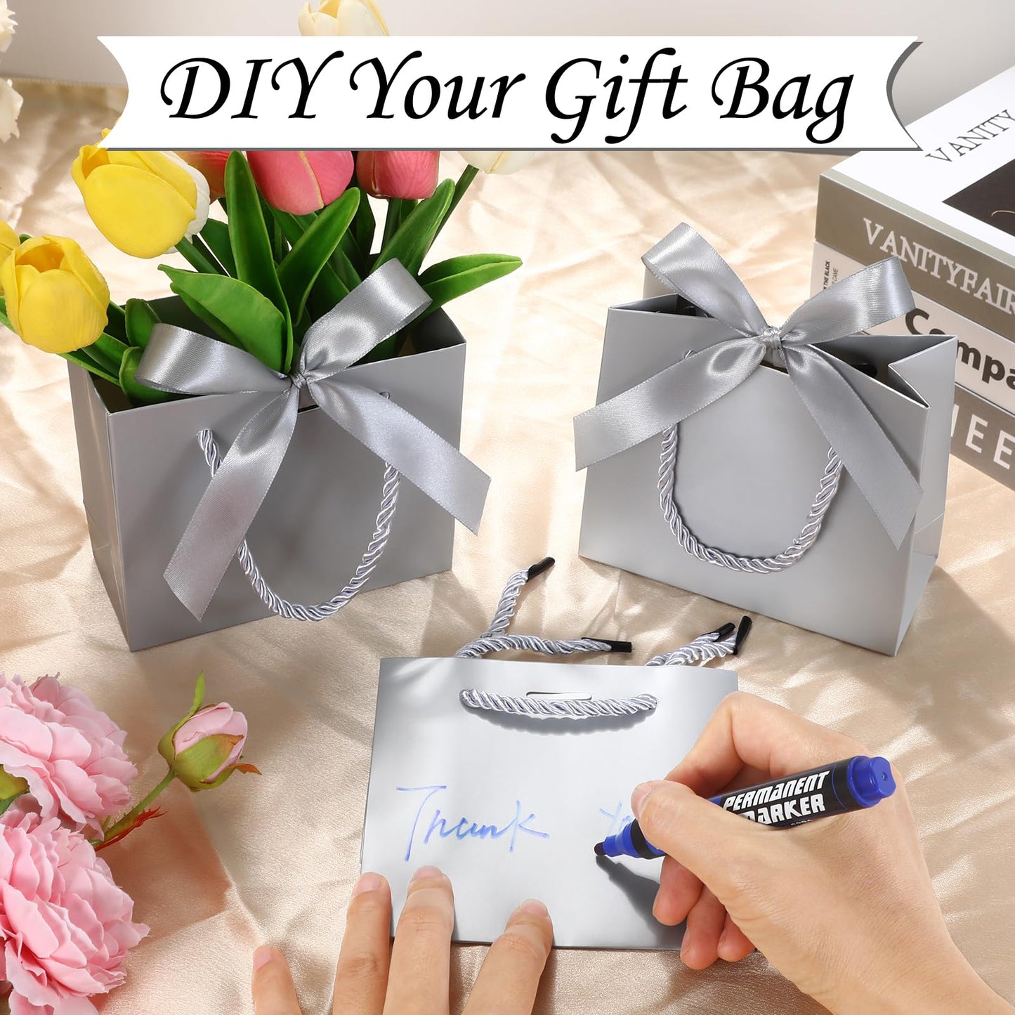 EQOREIIN 50 Pack Small Gift Bags with Handles,Silver Mini Bag,5.5x 2.5x4.7 Inches Small Thank You Gift Bags Bulk with Ribbon for Party Favors,Mother's Day, Goodie, Weddings,Baby Shower(Silver)