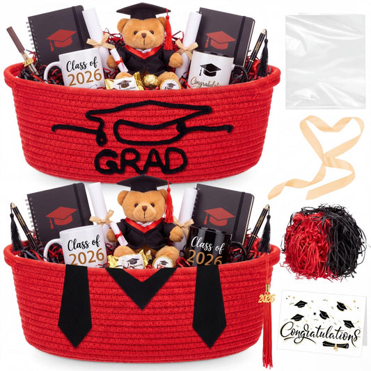 Colingmill 2 Pack Class of 2026 Graduation Empty Gift Basket 14''x10''x5.5'' Woven Rope Basket Empty to Fill with Grad Design Bag Ribbon Card Tassel, Decorative DIY Congrat Gift(Red and Black)