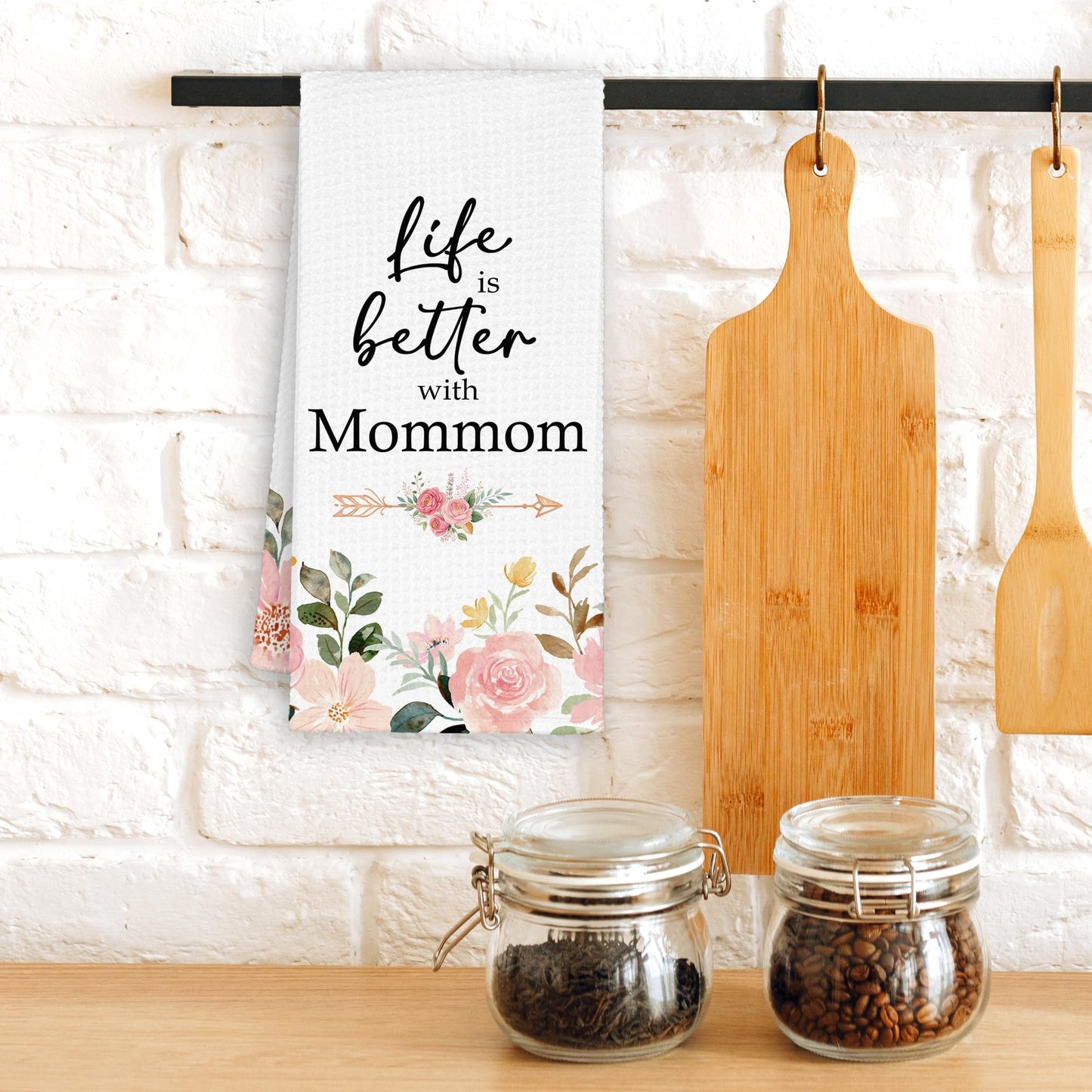 Mommom Grandma Kitchen Towels Gifts, Life is Better with Mommom Gifts for Birthday Mother's Day, Pink Floral Rose Peony Hand Towels Decor for Bathroom, Rustic Dish Tea Bar Towel Home 16x24in