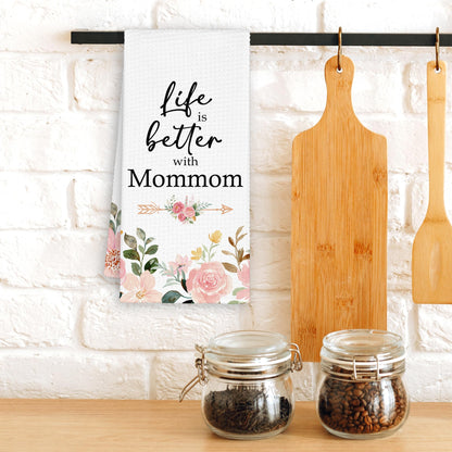 Mommom Grandma Kitchen Towels Gifts, Life is Better with Mommom Gifts for Birthday Mother's Day, Pink Floral Rose Peony Hand Towels Decor for Bathroom, Rustic Dish Tea Bar Towel Home 16x24in