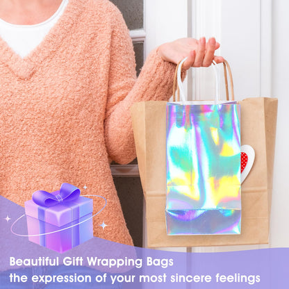 Abeillo 24 Pcs Reusable Paper Gift Bags with Handle, Iridescent Gift Bag Glossy Holographic Goodie Bag Gift Handbag Bulk for Baby Shower Christmas Birthday Party Favor, 8.3 x 4.7 x 3.1 Inch