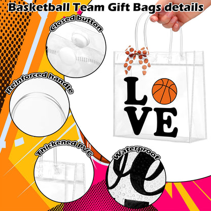 Vicenpal 12 Sets Clear Basketball Gift Bag with Handles 12 Pcs Bows PVC Plastic Basketball Treat Goodie Snack Bags 7.9 x 7.9 x 3.1'' Sport Theme Party Favors for Birthday Holiday Sports Team Gifts