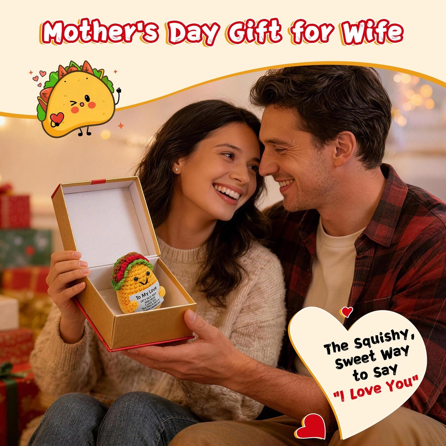 Mothers Day Wife Gifts for Wife from Husband - Handmade Positive Crochet Taco Plush, Romantic Valentines Day Birthday Anniversary Gifts for Her, Taco Stuffed Animal for Desk Decor, Home Decor