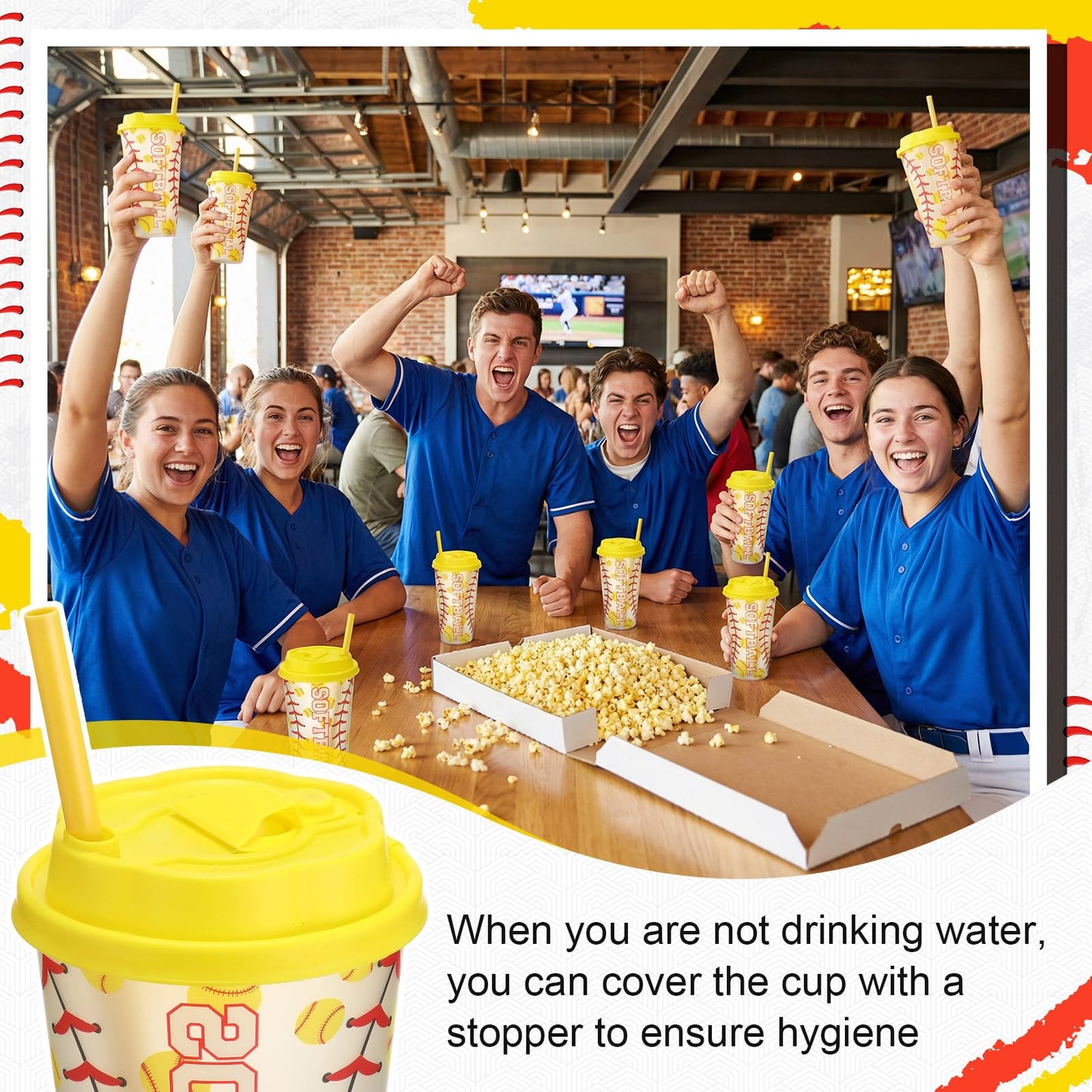 Softball Gifts for Team Includes 25 Pcs Softball Cups with Lids and Straws, Softball Party Favors Supplies 16oz Plastic Party Cups for Softball Party Decorations Birthday Team Gathering