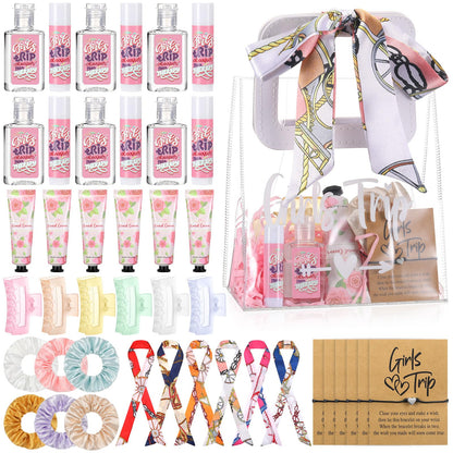 Leelosp 49 Pcs Girls Trip Favors 6 Sets 2026 Girls Weekend Gifts Handbag Lip Balm Hand Cream Hand Sanitizer Bracelet Scarves Hair Band and Hair Clips for Sisters Friends Bestie Bachelorette Party