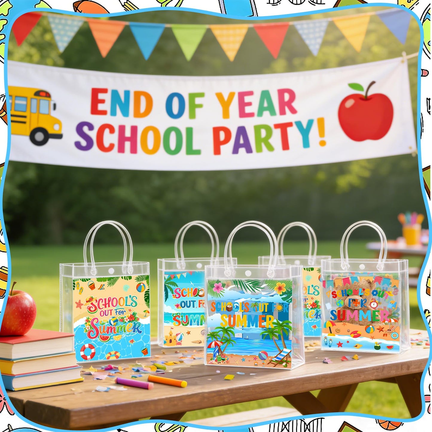 Zenoble 24 Pcs End of the Year Gifts Bags, School's Out for Summer Gift Clear PVC Bags with Handles Party Goodie Candy Treat Bag for Kids Students Teacher Beach Pool Party Favors Supplies