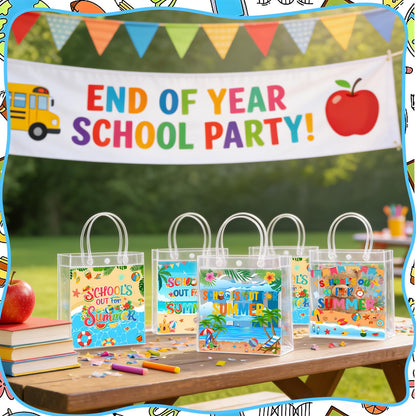 Zenoble 24 Pcs End of the Year Gifts Bags, School's Out for Summer Gift Clear PVC Bags with Handles Party Goodie Candy Treat Bag for Kids Students Teacher Beach Pool Party Favors Supplies