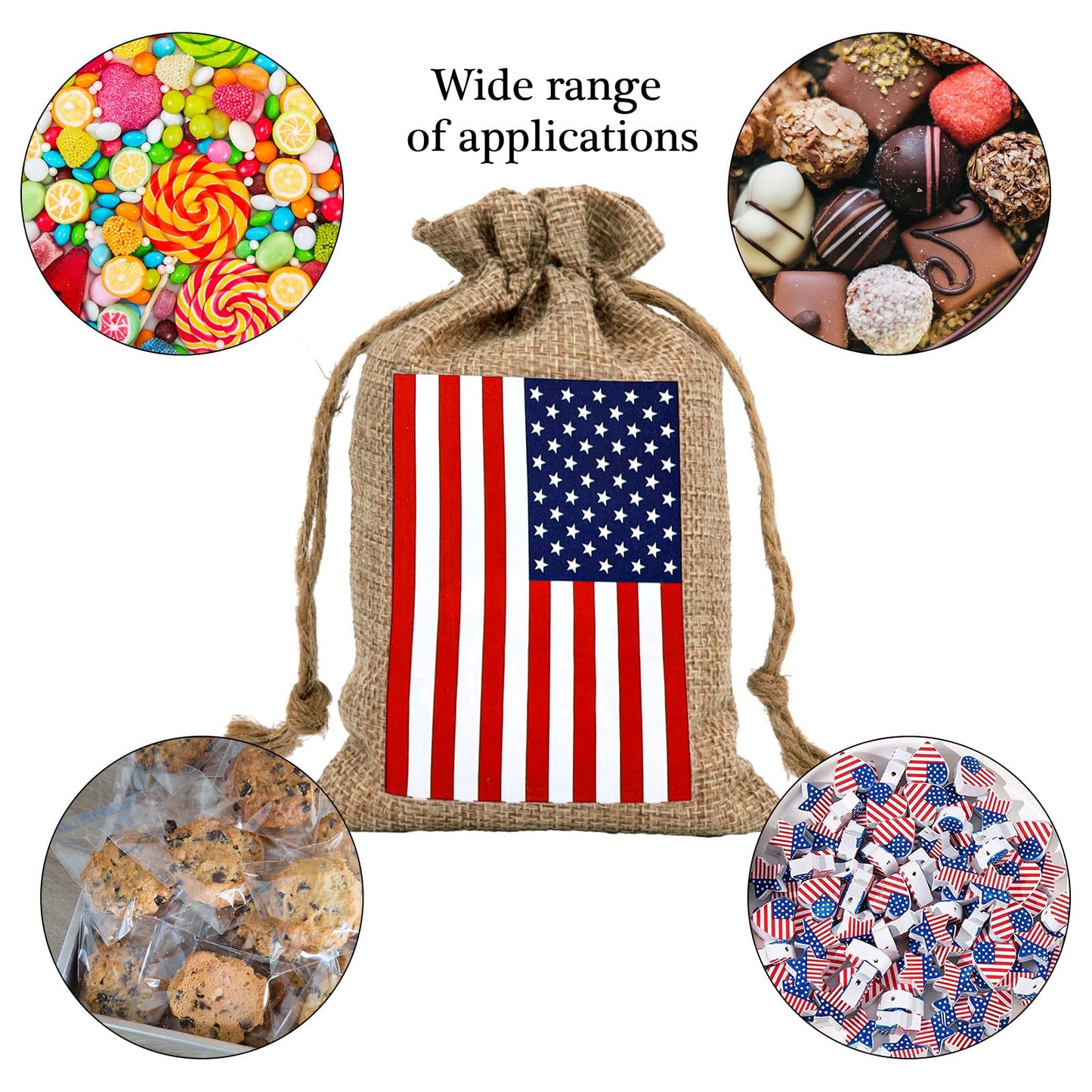 Whaline 20 Pcs 4th of July 250 Anniversary Burlap Drawstring Gift Bags Patriotic American Flag Treat Goodie Bags Pouch Bag for Independence Day Memorial Day Veterans Day Labor Day DIY Crafts Decor, 4 x 6"