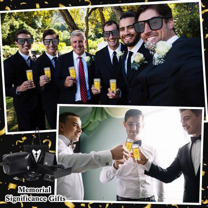 Roshtia 60 Pcs Groomsmen Proposal Gifts Set, Including 6 Toiletry Bags 6 Sunglasses 6 Cups 6 Can Sleeves 6 Beer Openers 6 Wallets 6 Keychains 6 Postcards 6 Gift Boxes 6 Gift Bags for Wedding Party