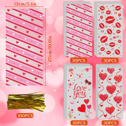 Valentines Gift Bags - 120 PCS Heart Kiss Cellophane Candy Treat Goodie Bags for Kids | Snack Cookie Stocking Stuffers Gift Basket -Valentines Day Birthday Party Favors Decorations Supplies Decor