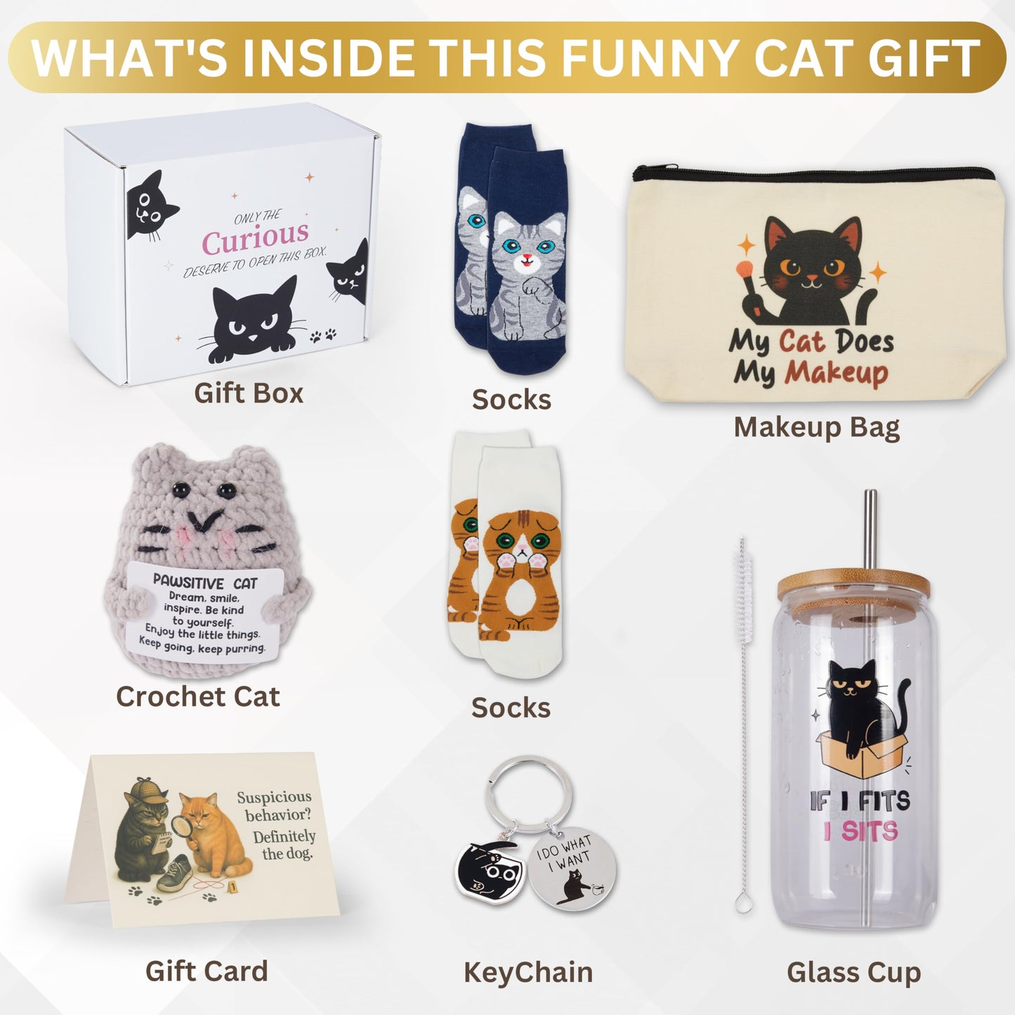 Fun Cat Lover Gifts for Women, Premium Cats Themed Gifts Set with Borosilicate Glass Cup Crochet Doll & Socks, Crazy Cats Lady Gift Basket for Birthday & Christmass, Cat Mom Gifts Box for Women