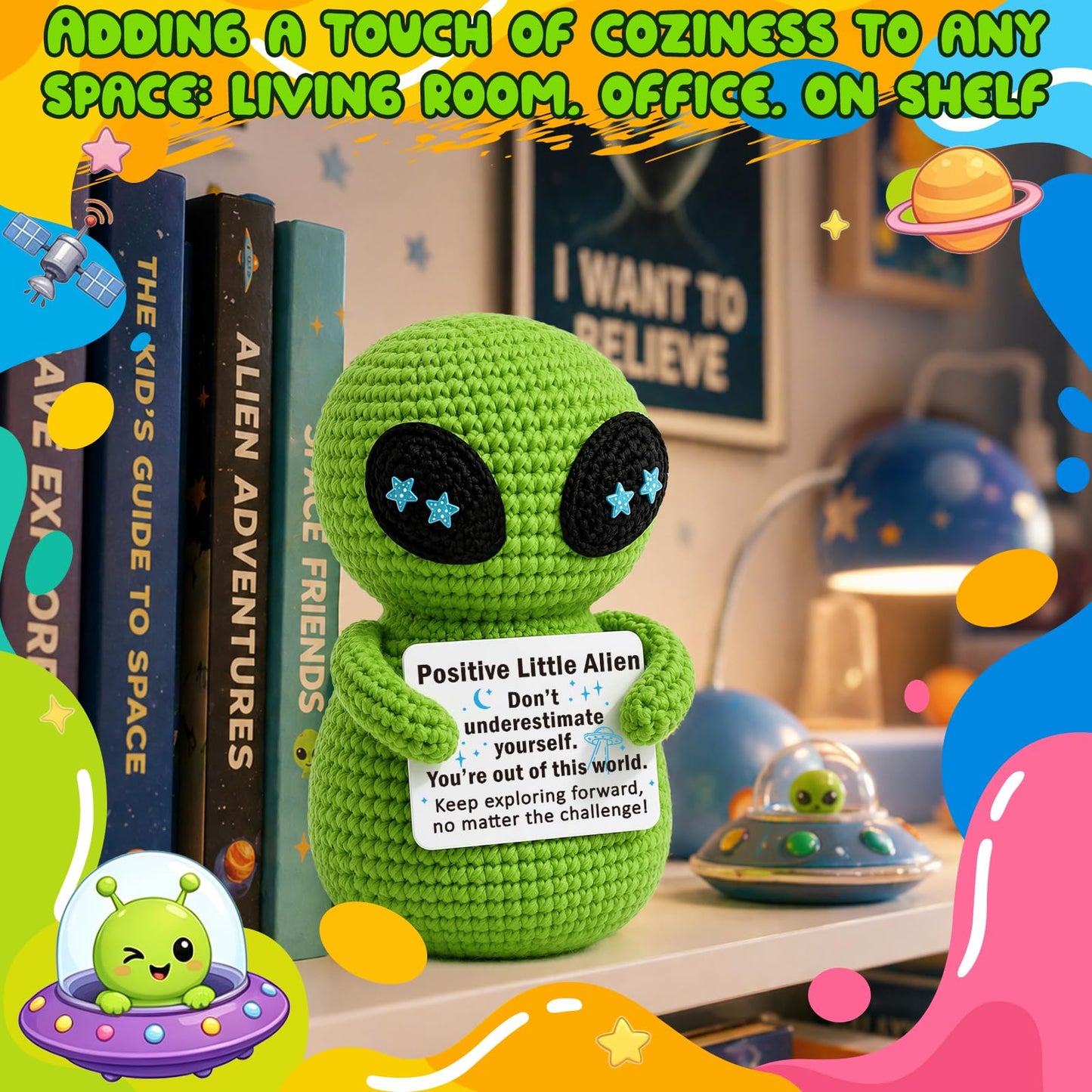 Xinezaa Emotional Positive Support Little Alien Crochet, Graduation Birthday Gifts for Son Daughter Teens Boys Girls, Inspirational Gifts for Women Men Friend Coworker, Handmade Green Alien