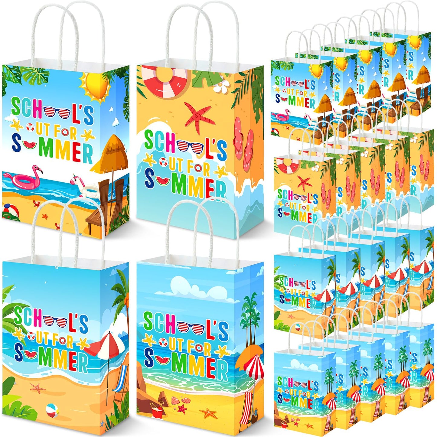 Yexiya 24 Pcs Summer Party Gift Bags Beach Themed Paper Treat Bags with Handles Candy Treat Paper Handbag for Birthday Parties, Summer Vacations, Weddings, Baby Showers Beach and Pool Celebrations