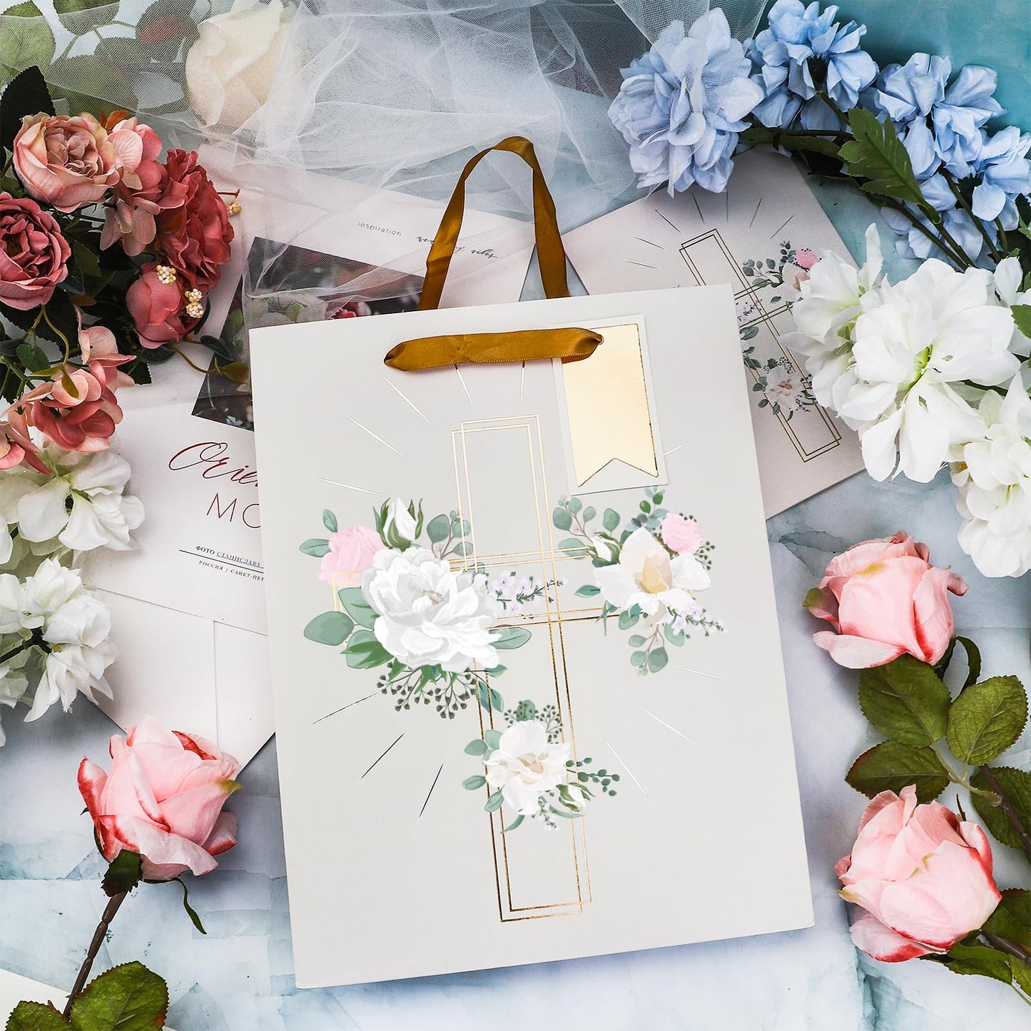 LeZakaa 13" Cross Gift Bag with Flower Design, Silver Christian Gift Bag with Tissue Paper, Gift Tag and Card for Christenings, Religious First Holy Communion, Confirmation, Weddings, Clergy Day