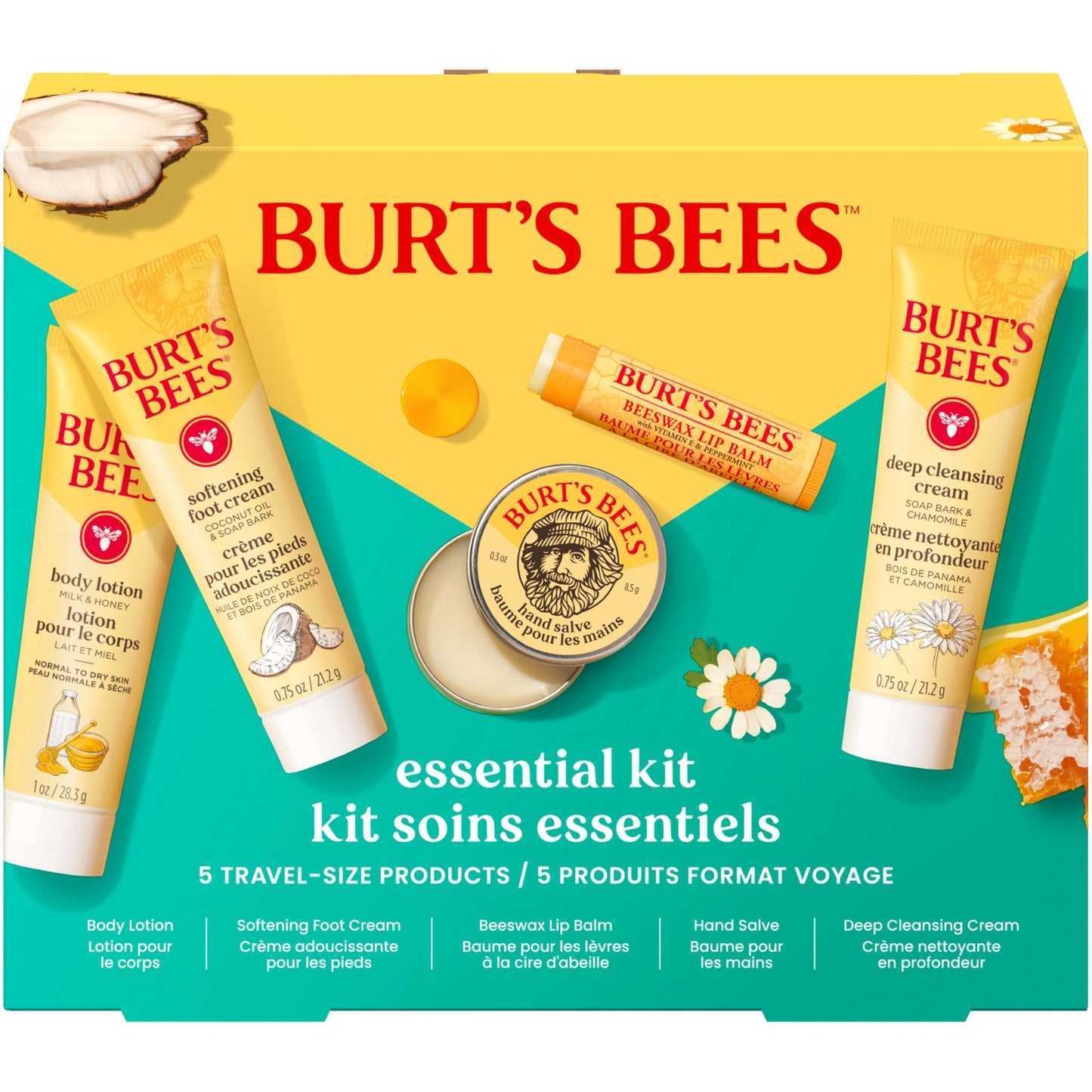 Burt's Bees Mothers Day Gifts Ideas - Essentials Everyday Set, 5 Travel Size Products - Deep Cleansing Cream, Hand Salve, Body Lotion, Foot Cream and Original Lip Balm