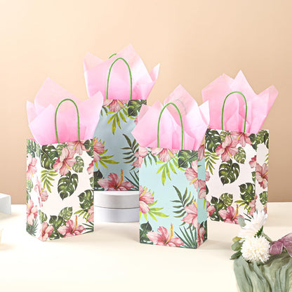 36 Pack Small Hawaiian Tropical Party Favor Gift Bags with Handles 9x5.5x3.15 Inch and 36 Pink Tissue Paper for Luau Parties, Birthdays, Weddings, Baby Showers, Bridal Showers (2 Designs Assorted)