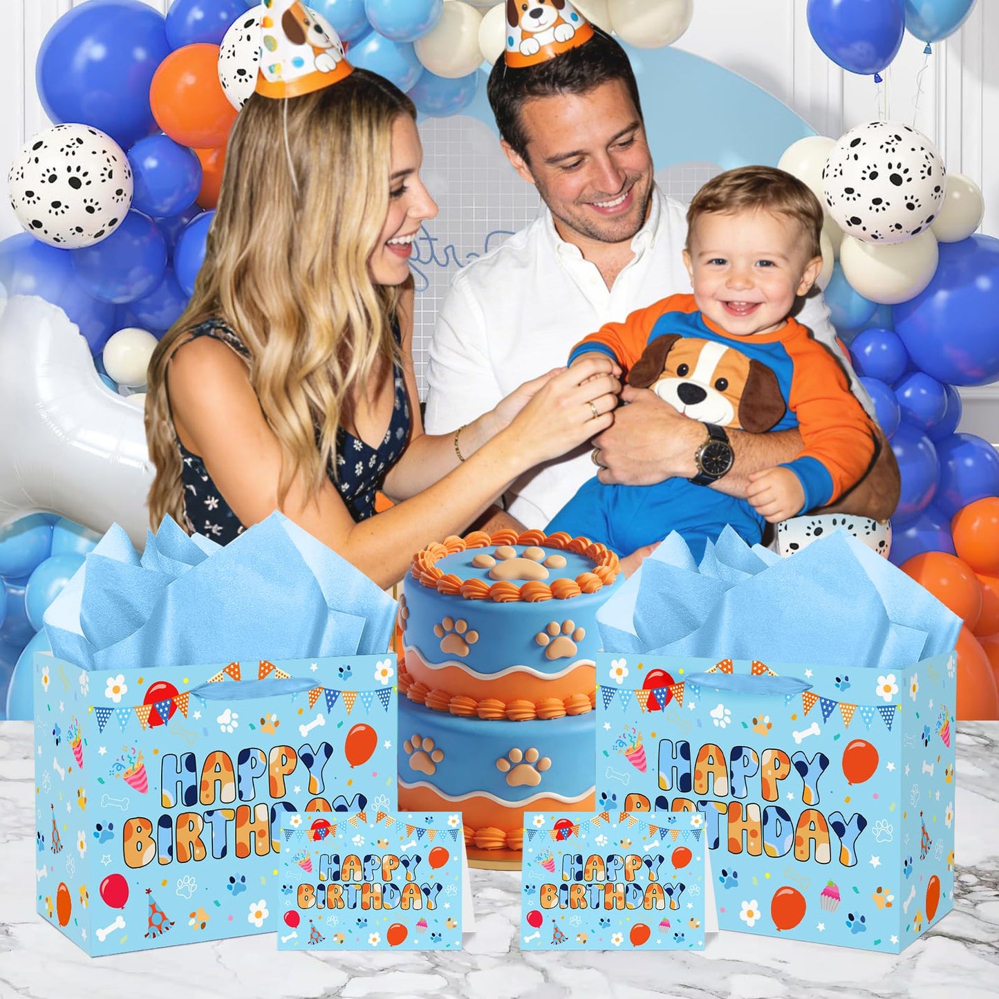 Cartoon Blue Dog Birthday Gift Bag with Wrapping Paper and Greeting Card Cute Blue and Orange Dog Gift Wrap Paper Bags Large Cartoon Birthday Party Favor Bags Decorations for Girls Boys Party Supplies