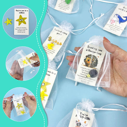 32 Set Employee Appreciation Gift Bulk 32 PCS Cards Organza Bags Funny Resin Animal Figures Hedgehog Cow Owl Duck Turtle Starfish Frog Whale for Coworkers Staff Office Favors 96 PCS