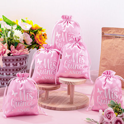 Sweetude 25 Pcs Quinceanera Party Gift Bags for Guests Sweet 15 Años Quinceañeras Silk Satin Gift Candy Bags with Drawstring for Mis Quince Birthday Decoration(Pink)
