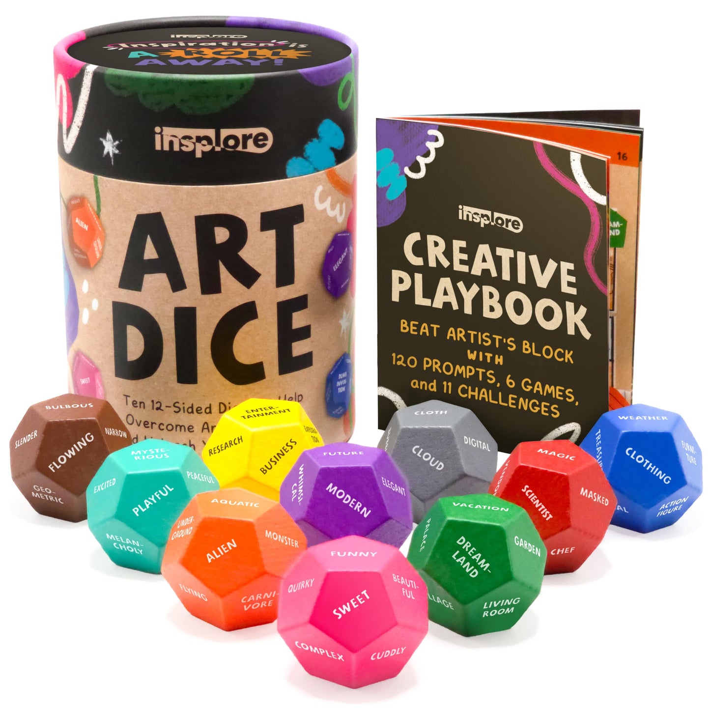 Art Dice – 12-Sided Wooden Dice with 120 Prompts to Help You Decide What to Draw or Paint – Creative Playbook with Games and Activities – Fun, Inspiring Gift for Artists of All Levels
