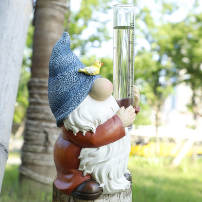 FORUP Resin Gnome Rain Gauge, Hand Painted Gnome Statue with Plastic Rain Gauge