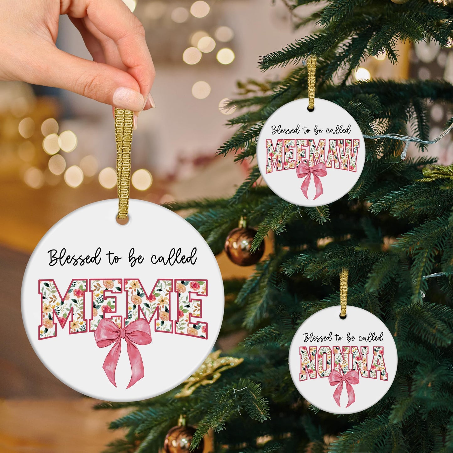 Blessed to Be Called Meme Mothers Day Birthday Christmas Tree Ceramic Ornaments Gifts for Grandma from Grandkids, Grandma Ornaments for Christmas Tree Decorations Gifts for Meme, 3x3Inch