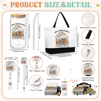 Vesici 3 Pcs Occupational Therapist Appreciation Gifts for Women, 16 oz Glass Cup Large Canvas Tote Bag with Retractable Badge Reel Occupational Therapist Week Gifts