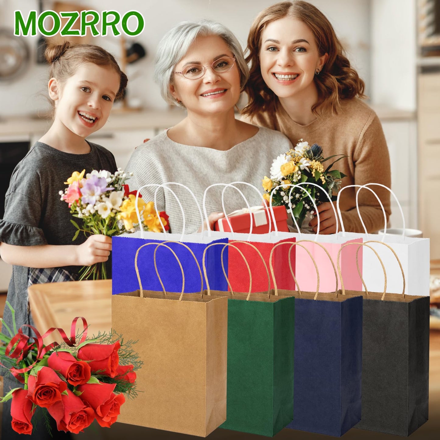 MOZRRO Gift Bags, 100 Pack 10.5x8.5x4.5 Inch, Paper Bags with Handles, Red, Medium Size, Recyclable, Eco-Friendly, Birthday, Wedding, Bulk, Party, Lunch Bags