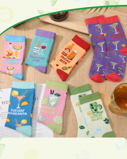 Newcotte 7 Pairs Women's Funny Drink & Alcohol-themed Crew Socks, Novelty from Sunday to Saturday Drink Week Gift, Liquor Wine and Beer Socks for Drinking Lover Cocktail Enthusiast Birthday Holiday