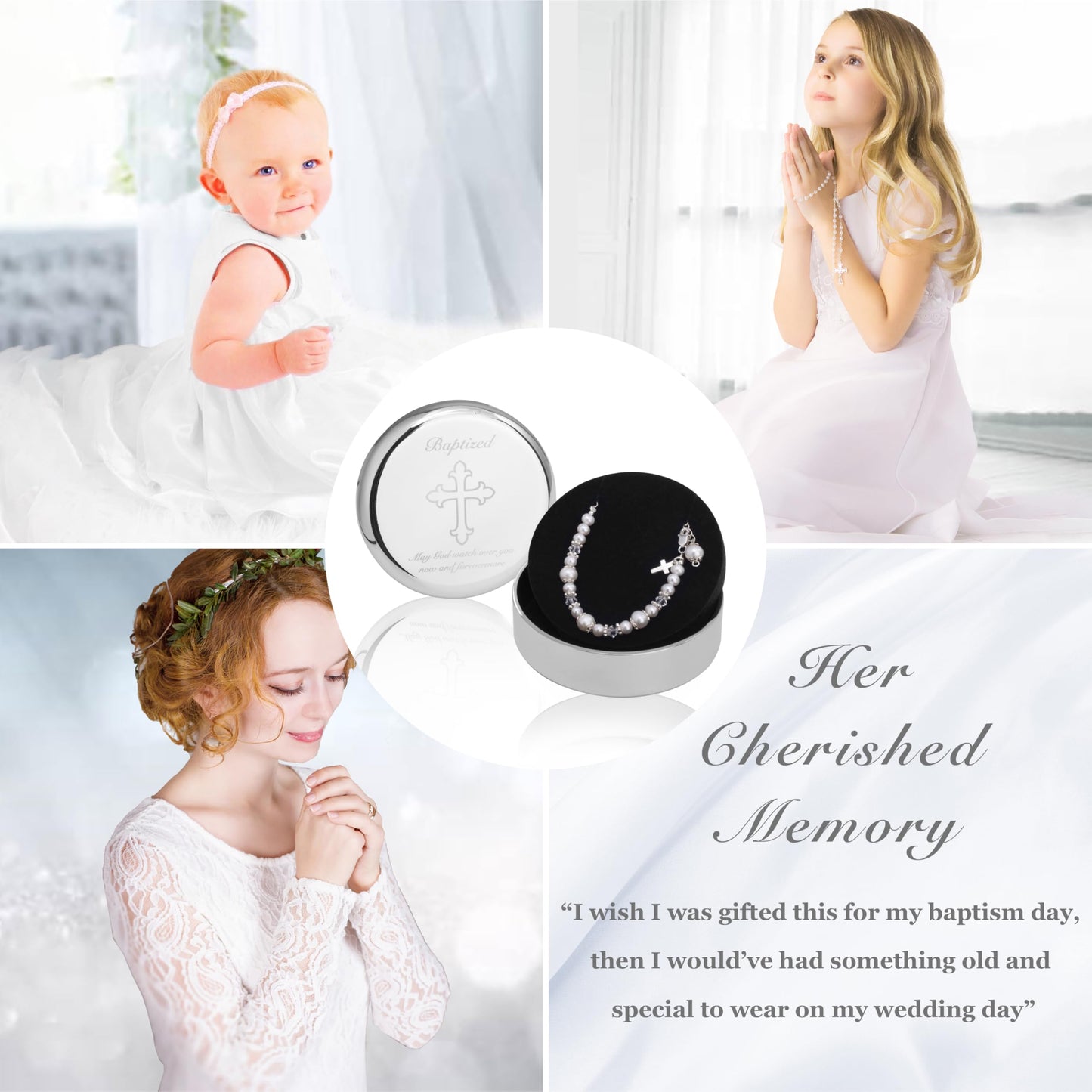Tryuunion Baptism Bracelet in 925 Sterling Silver and Cultured Pearls for Baby Girls, with Silver-plated Jewelry Keepsake Box, Great Catholic Christening and Baptism Gifts for Girl
