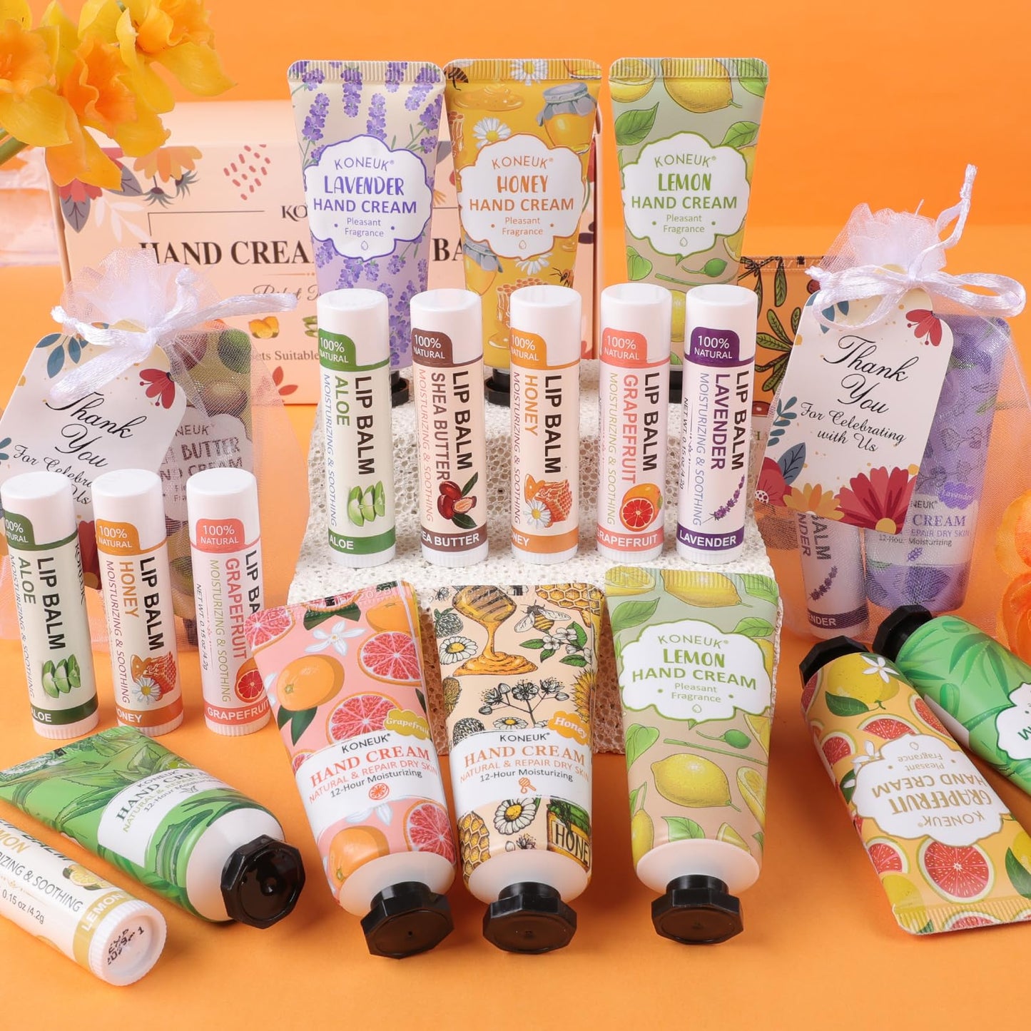 KONEUK 12 Pack Bulk Hand Cream and Lip Balm Set for Women, Mothers Day Gifts, Teacher Appreciation Gifts, Nurse Gifts, Bridal Shower Favors, Wedding Shower Favors and Bulk Gifts for Guests